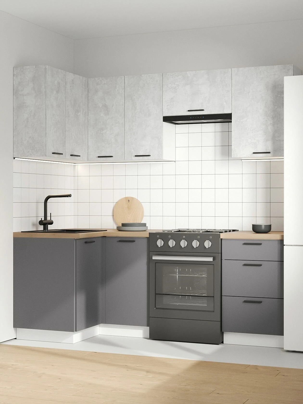 Кухонный гарнитур угловой Урбан 2.1х1 м, мебель для дома и кухни, Белый / Цемент светлый / Графит серый